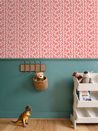 Ivy Manor Wallpaper Coral repeat pattern by Erin Donahue Tice with white ivy motifs on Tampa Home & Garden Store