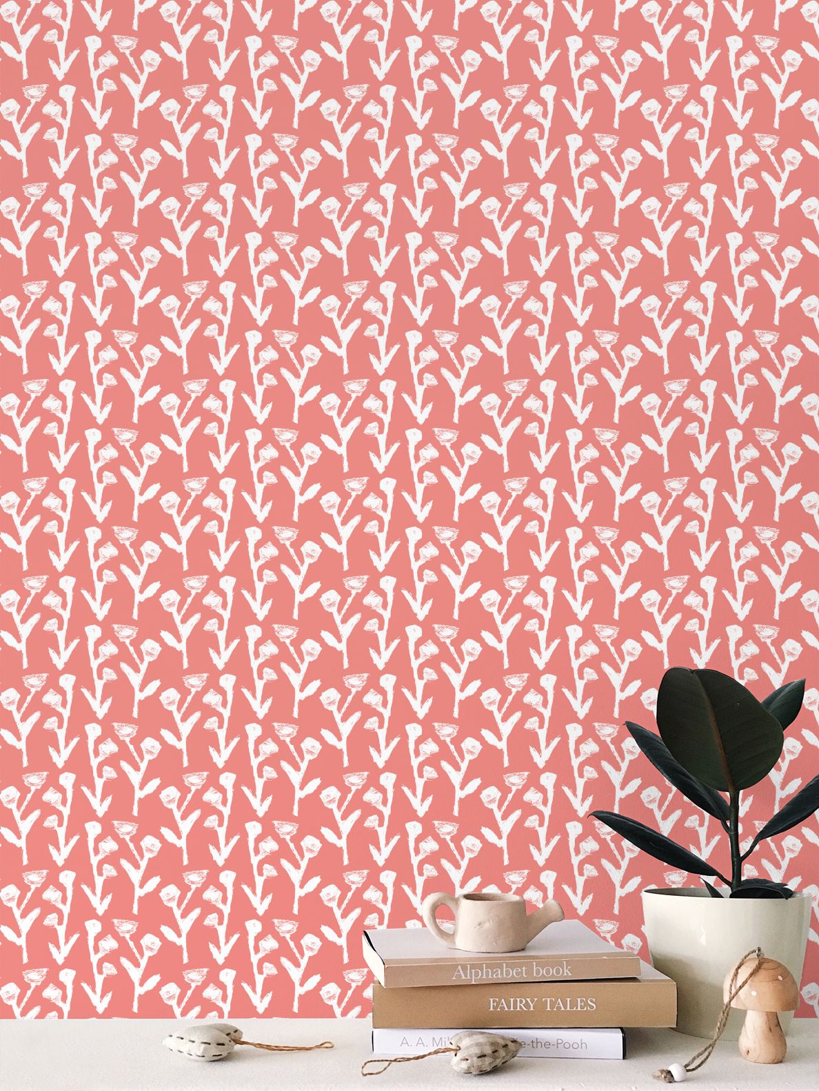 Ivy Manor Wallpaper Coral repeat pattern with white botanical branches by Erin Donahue Tice on Tampa Home & Garden Store