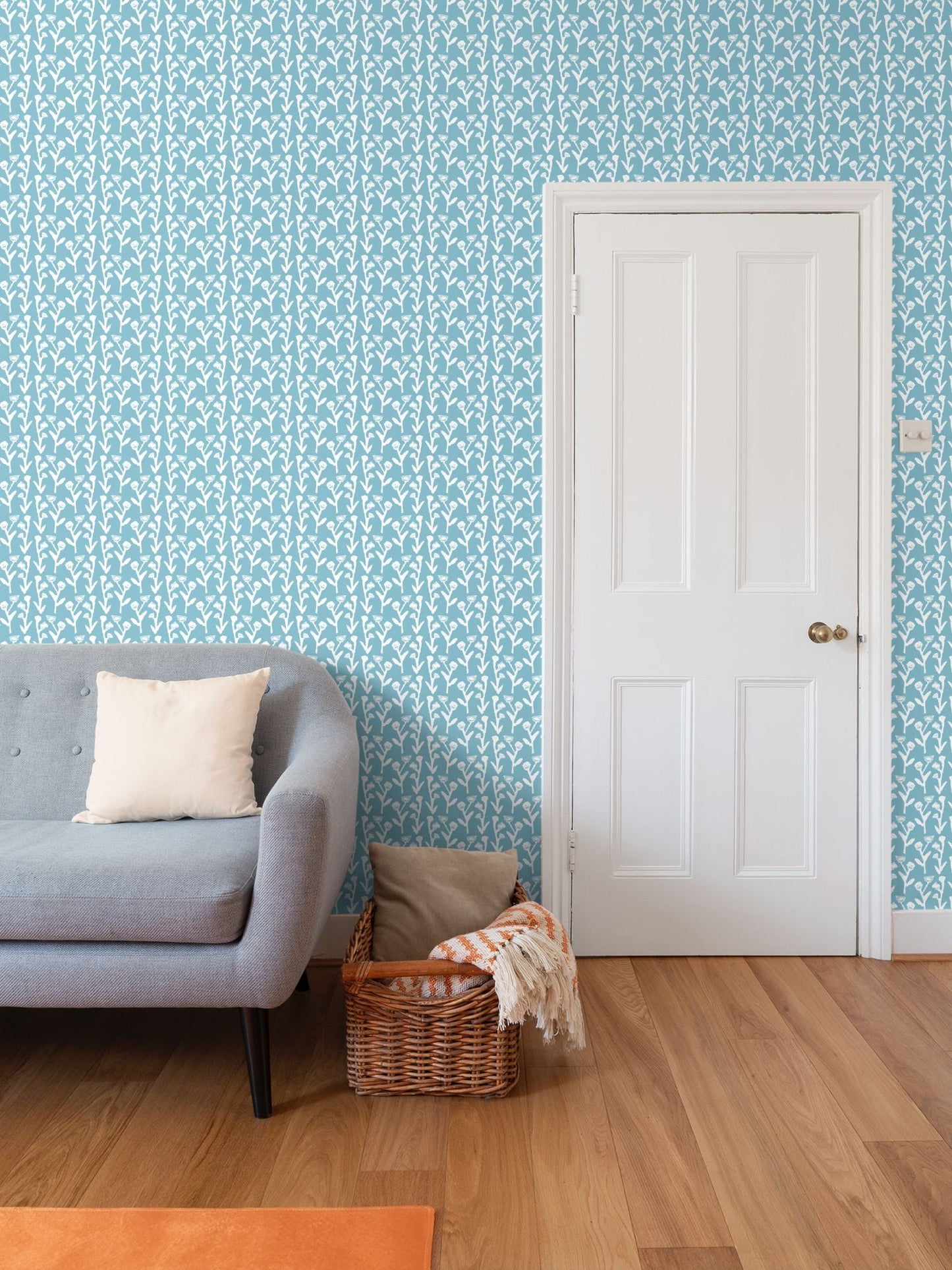 Ivy Wallpaper (Slate) teal ivy motif repeat pattern wallpaper beside door on Tampa Home & Garden Store