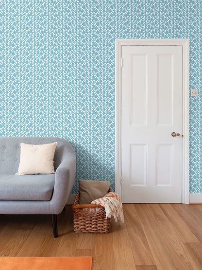 Ivy Wallpaper (Slate) teal ivy motif repeat pattern wallpaper beside door on Tampa Home & Garden Store