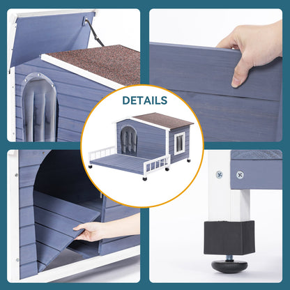 Large blue wooden dog house with terrace, white trim and elevated deck on Tampa Home & Garden Store
