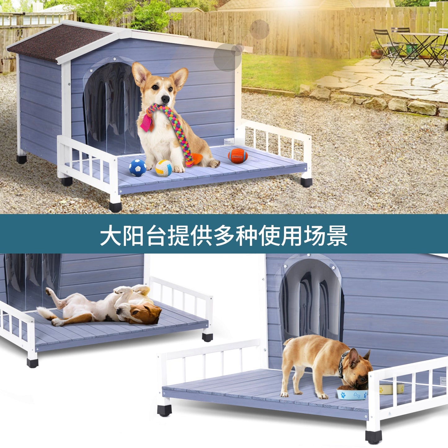 Large wooden dog house with blue-gray siding and white trim, raised terrace with dogs and toys on Tampa Home & Garden Store
