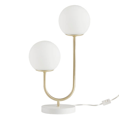 Metal 2-Light Globe Table Lamp with brass U-shaped frame and white glass globes on a white base on Tampa Home & Garden Store