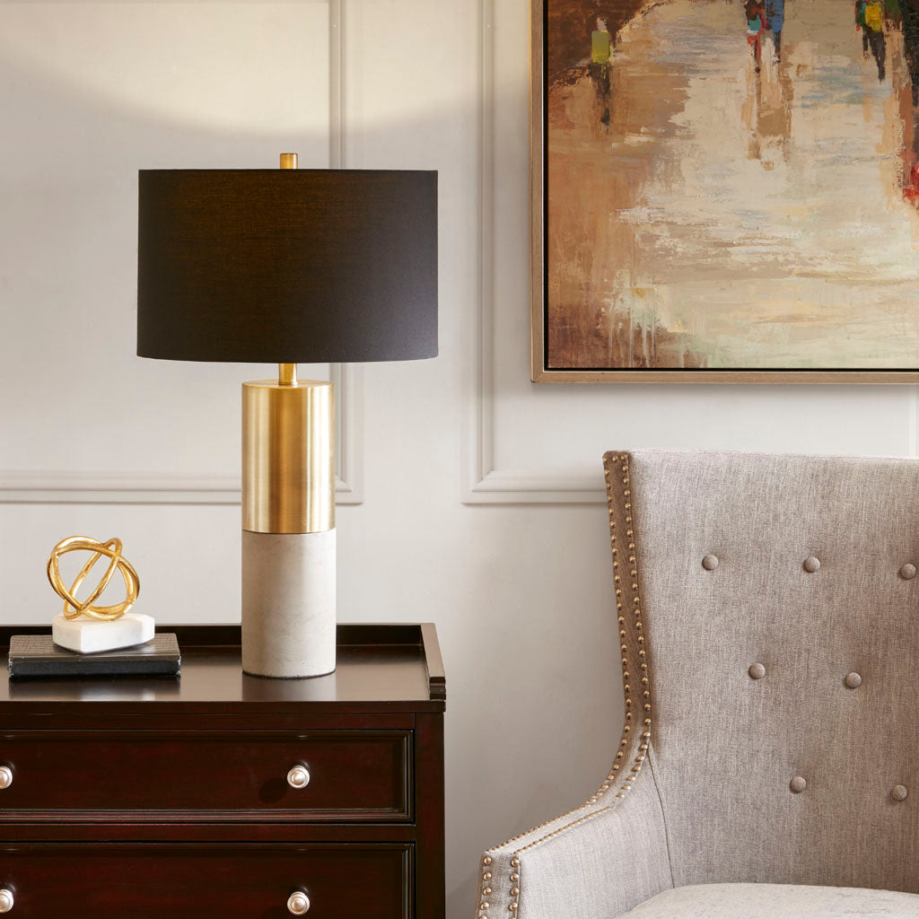 Concrete Table Lamp by HouseOfZazla with black shade atop gold-brass concrete base on Tampa Home & Garden Store