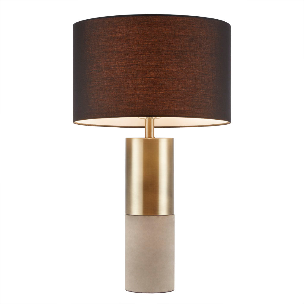 Concrete table lamp with beige base, gold metal neck, and dark brown fabric shade on Tampa Home & Garden Store