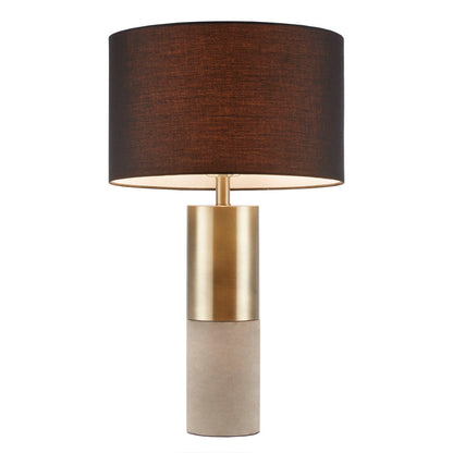 Concrete table lamp with beige base, gold metal neck, and dark brown fabric shade on Tampa Home & Garden Store