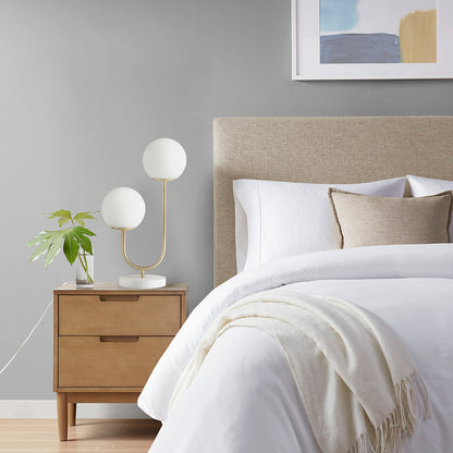 Metal 2-Light Globe Table Lamp with brass finish and white glass globes on white base on Tampa Home & Garden Store
