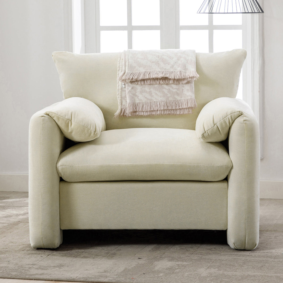 Modern Style Chenille Oversized Armchair in cream with fringed throw blanket by HouseOfZazla on Tampa Home & Garden Store