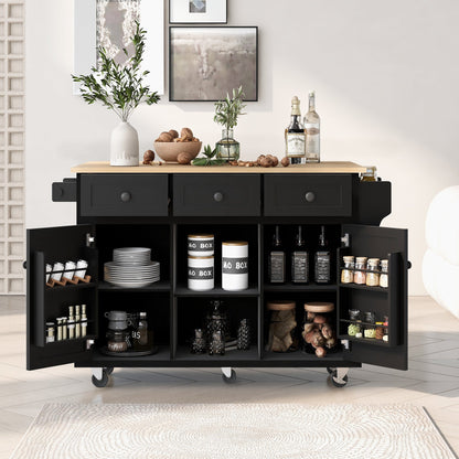 Rubber wood drop-leaf kitchen cart with storage, black base, natural wood top, HouseOfZazla on Tampa Home & Garden Store