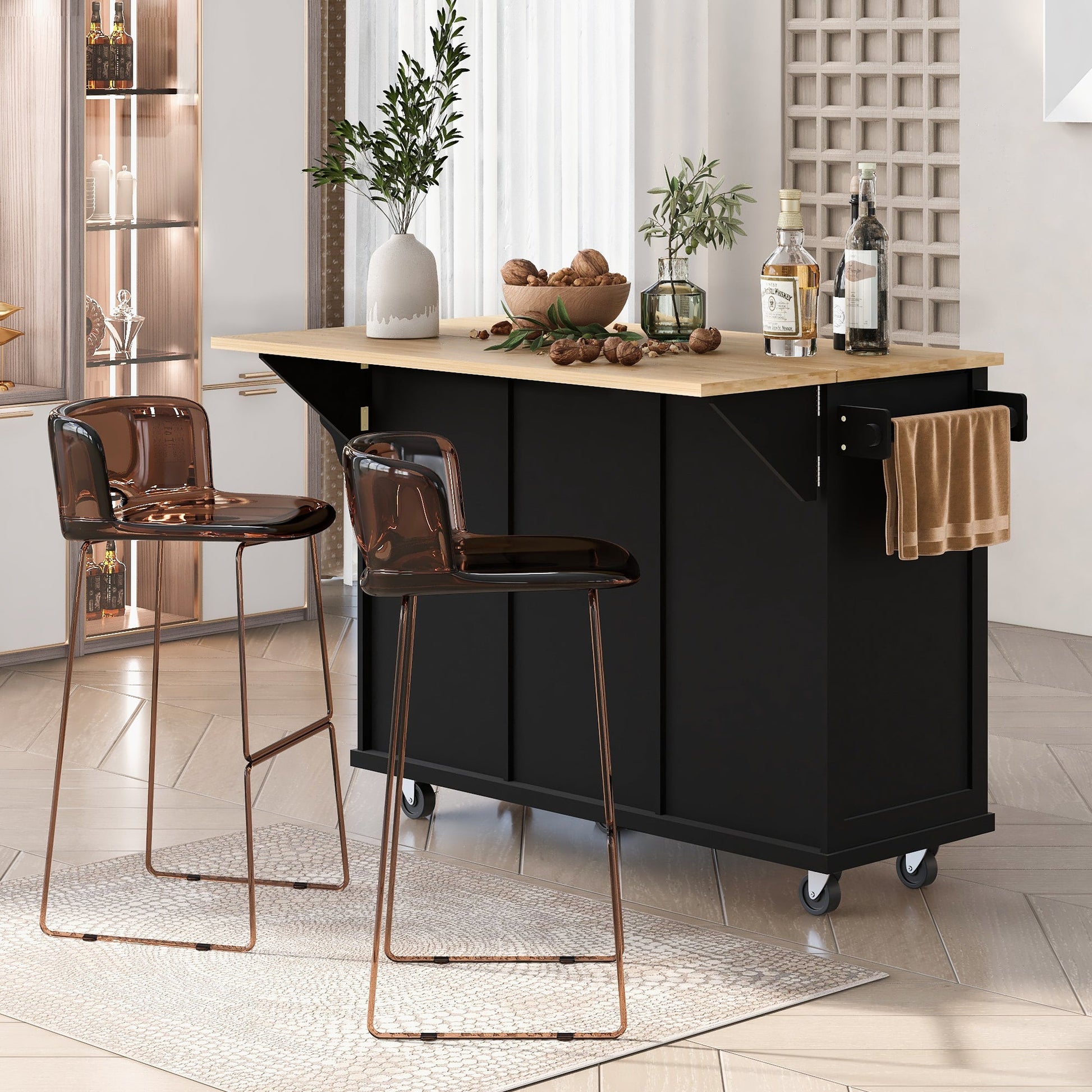 Rubber wood drop-leaf kitchen cart with storage, black base wood top on Tampa Home & Garden Store
