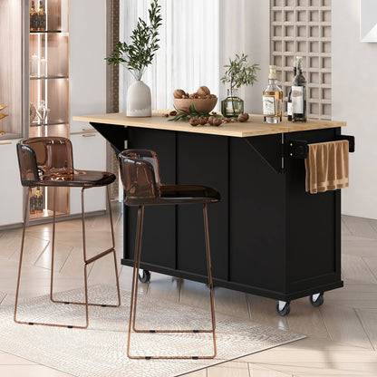 Rubber wood drop-leaf kitchen cart with storage, black base wood top on Tampa Home & Garden Store