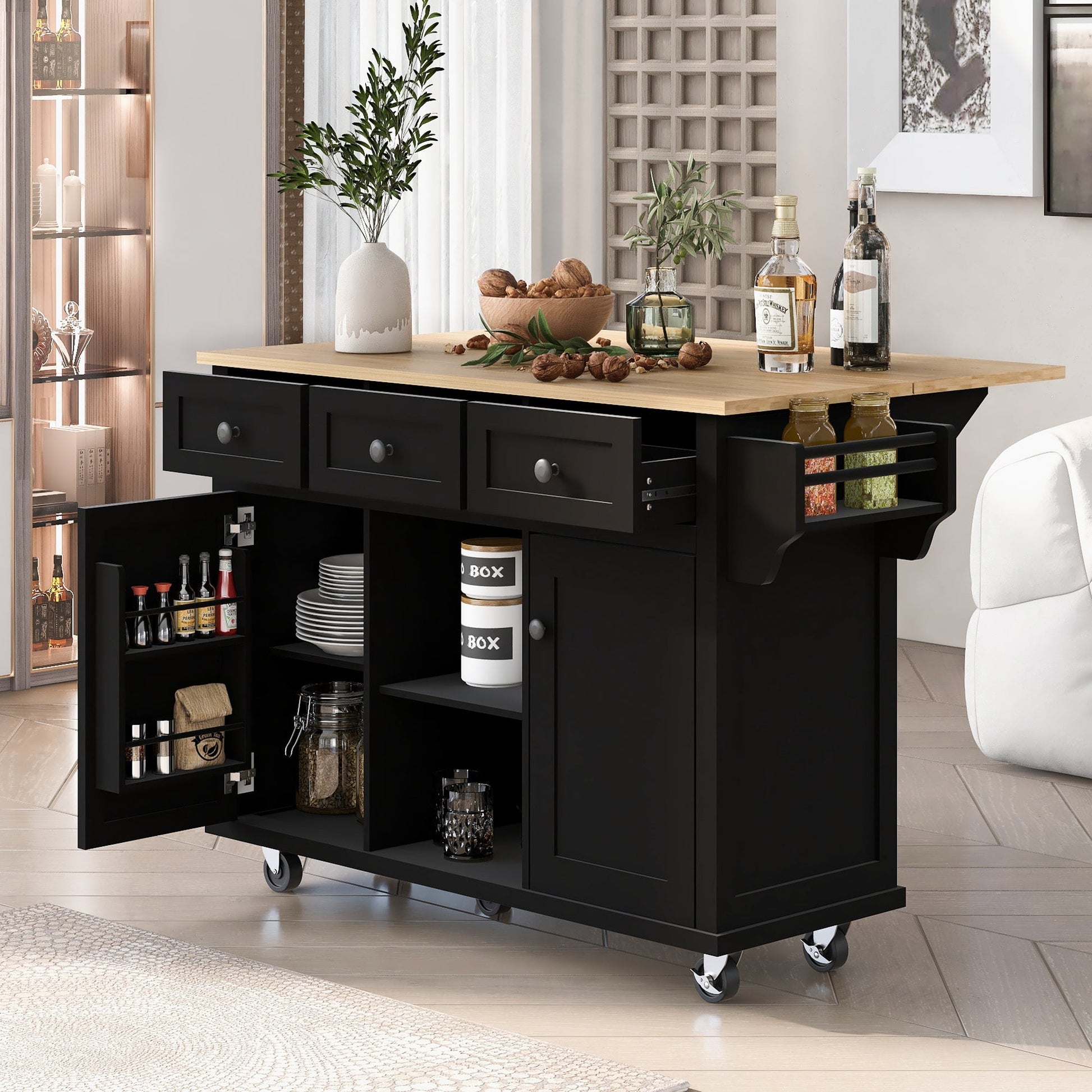 HouseOfZazla Rubber Wood Drop-Leaf Kitchen Cart with Storage black base, natural wood top on Tampa Home & Garden Store