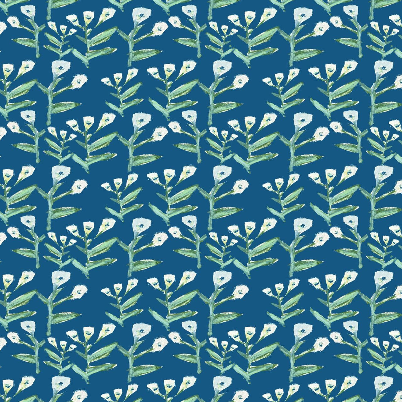 Sydney Wallpaper (Marine) repeat pattern in marine blue with green stems and white blossoms on Tampa Home & Garden Store