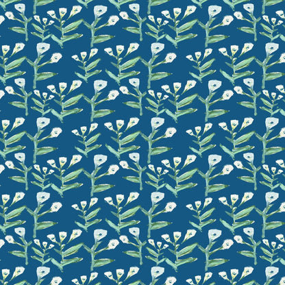 Sydney Wallpaper (Marine) repeat pattern in marine blue with green stems and white blossoms on Tampa Home & Garden Store