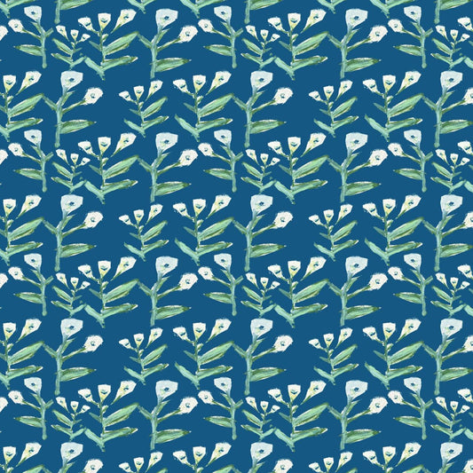 Sydney Wallpaper (Marine) repeat pattern in marine blue with green stems and white blossoms on Tampa Home & Garden Store
