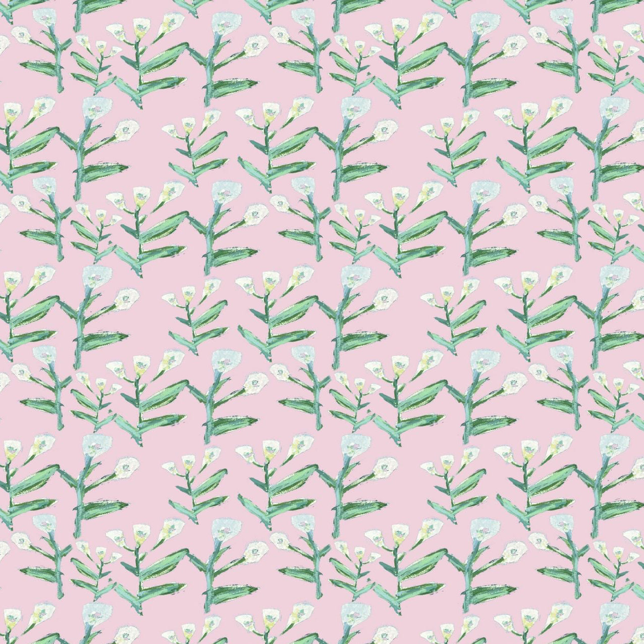 Sydney Wallpaper Tulip Pink repeat pattern with green stems and white blossoms on pink backdrop on Tampa Home & Garden Store