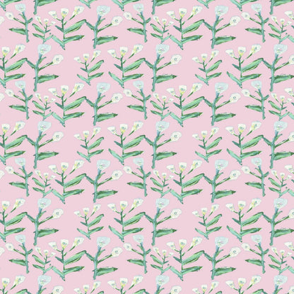 Sydney Wallpaper Tulip Pink repeat pattern with green stems and white blossoms on pink backdrop on Tampa Home & Garden Store