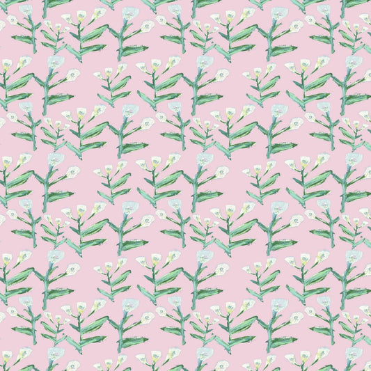 Sydney Wallpaper Tulip Pink repeat pattern with green stems and white blossoms on pink backdrop on Tampa Home & Garden Store