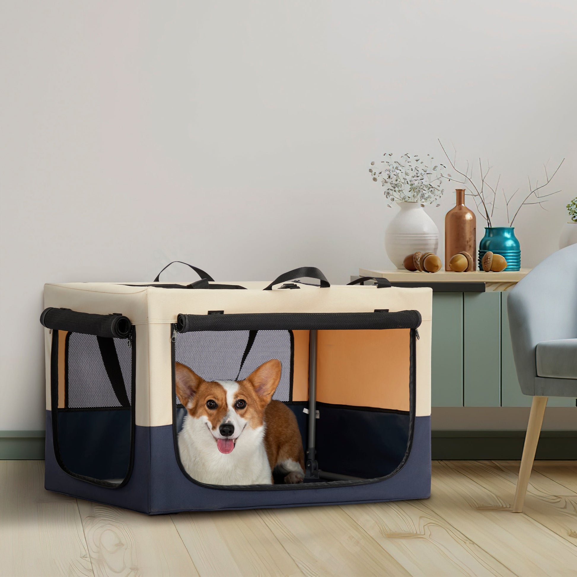 Adjustable Fabric Dog Crate by SunnyPet, beige and navy fabric with mesh panels, dog inside on Tampa Home & Garden Store