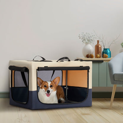 Adjustable Fabric Dog Crate by SunnyPet, beige and navy fabric with mesh panels, dog inside on Tampa Home & Garden Store