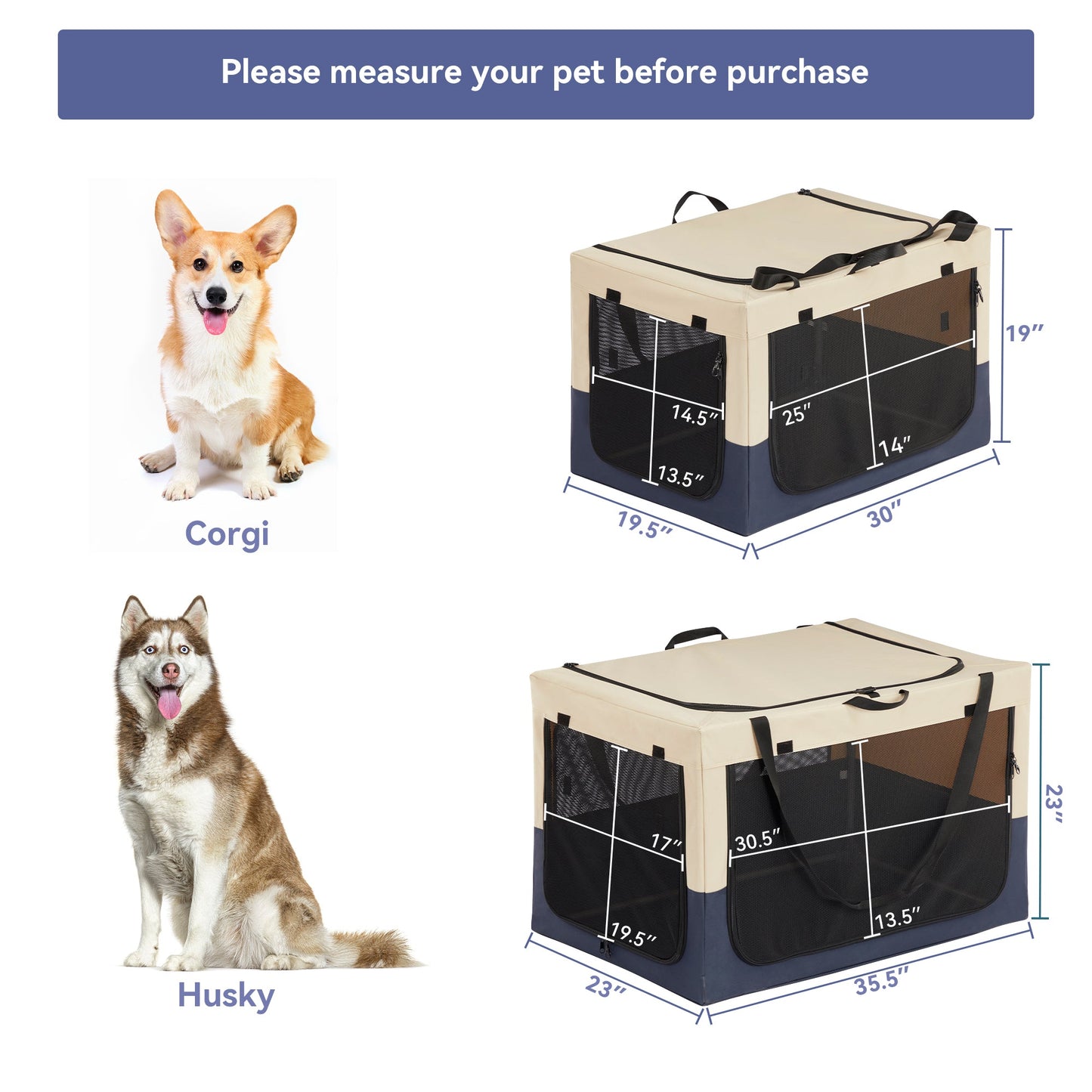 Adjustable Fabric Dog Crate by SunnyPet, beige fabric with black mesh panels and carry straps on Tampa Home & Garden Store
