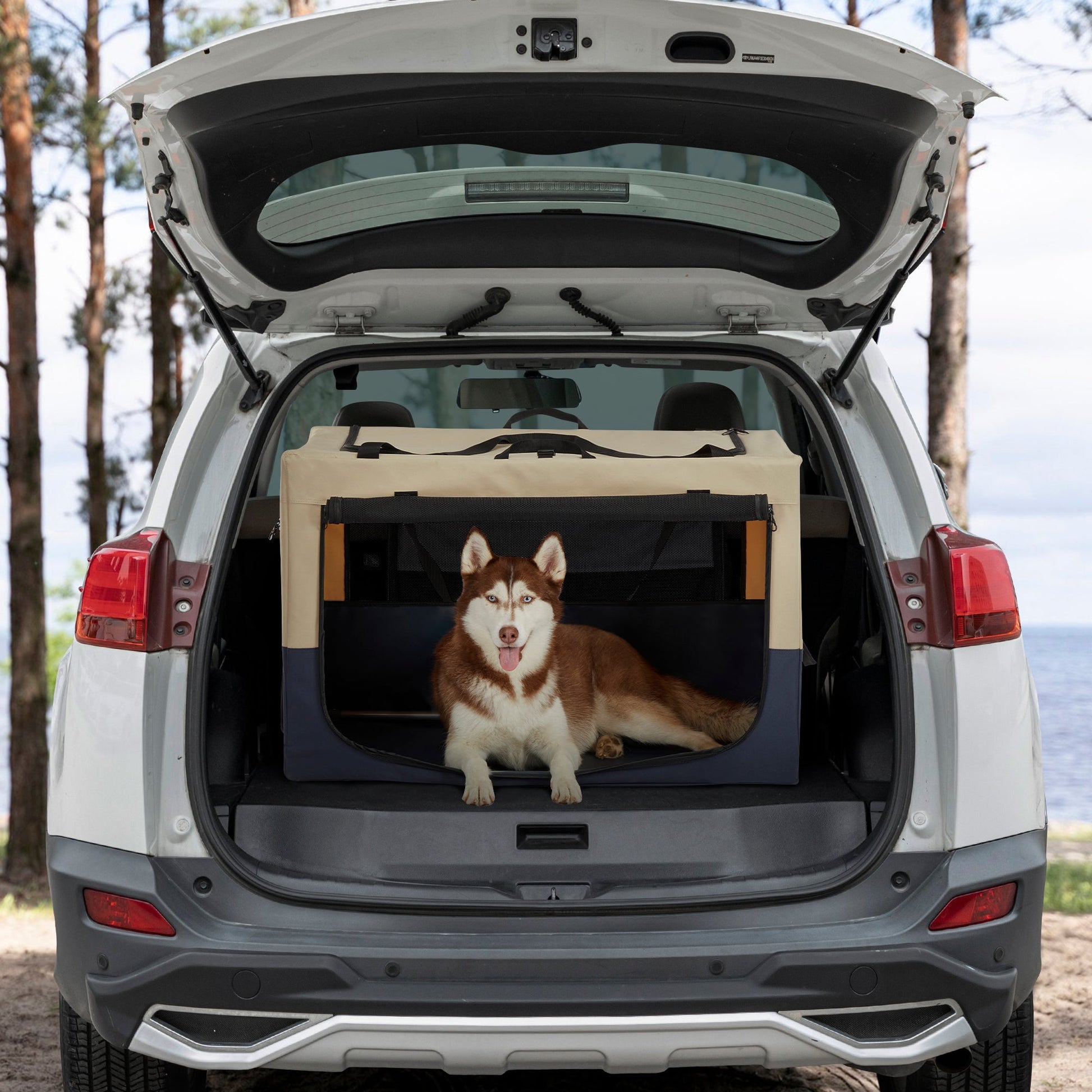 Adjustable fabric dog crate beige with black mesh front; husky in SUV cargo area by HouseOfZazla on Tampa Home & Garden Store
