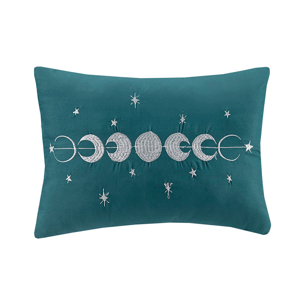Full/Queen velvet throw pillow in teal with silver moon phase embroidery and stars on Tampa Home & Garden Store