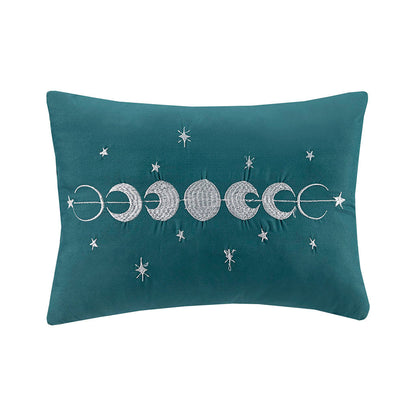 Full/Queen velvet throw pillow in teal with silver moon phase embroidery and stars on Tampa Home & Garden Store