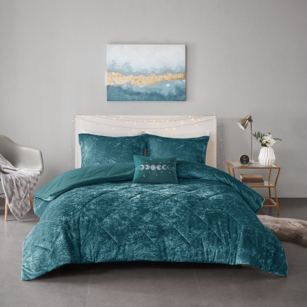 Full/Queen Velvet Comforter Set in teal with 2 large velvet pillows and a decorative throw pillow on bed on Tampa Home & Garden Store