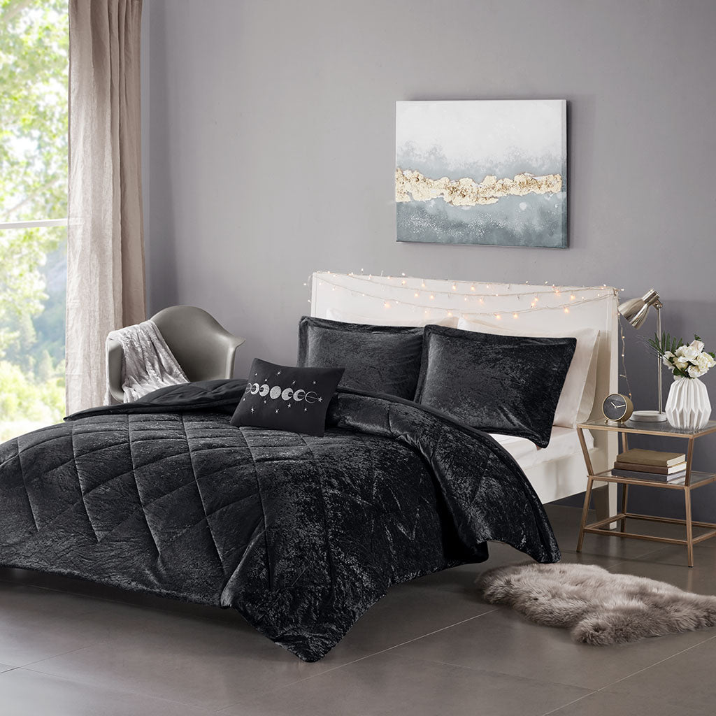 Full/Queen velvet comforter set with throw pillow, black crushed velvet by HouseOfZazla on Tampa Home & Garden Store