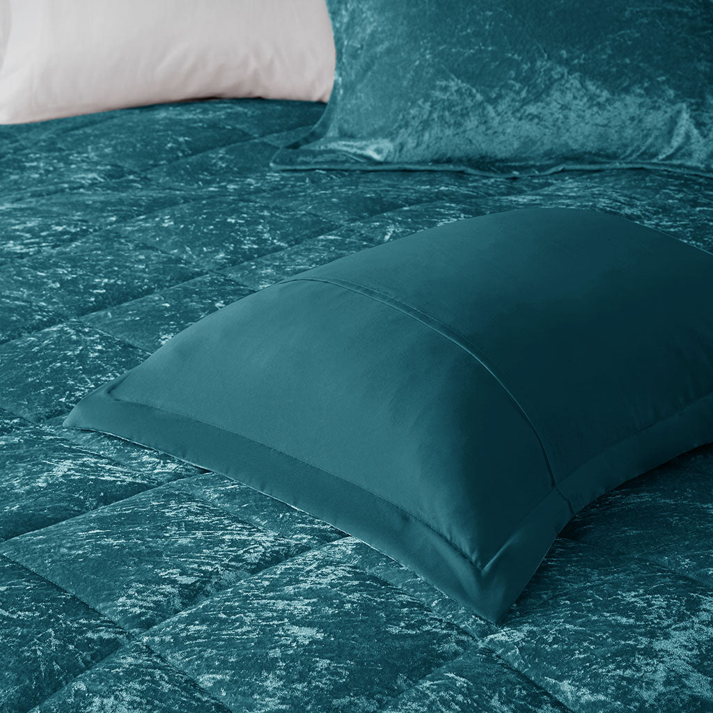 Full/Queen Velvet Comforter Set by HouseOfZazla in teal with throw pillow on velvet bed on Tampa Home & Garden Store