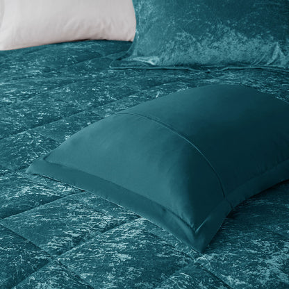 Full/Queen Velvet Comforter Set by HouseOfZazla in teal with throw pillow on velvet bed on Tampa Home & Garden Store