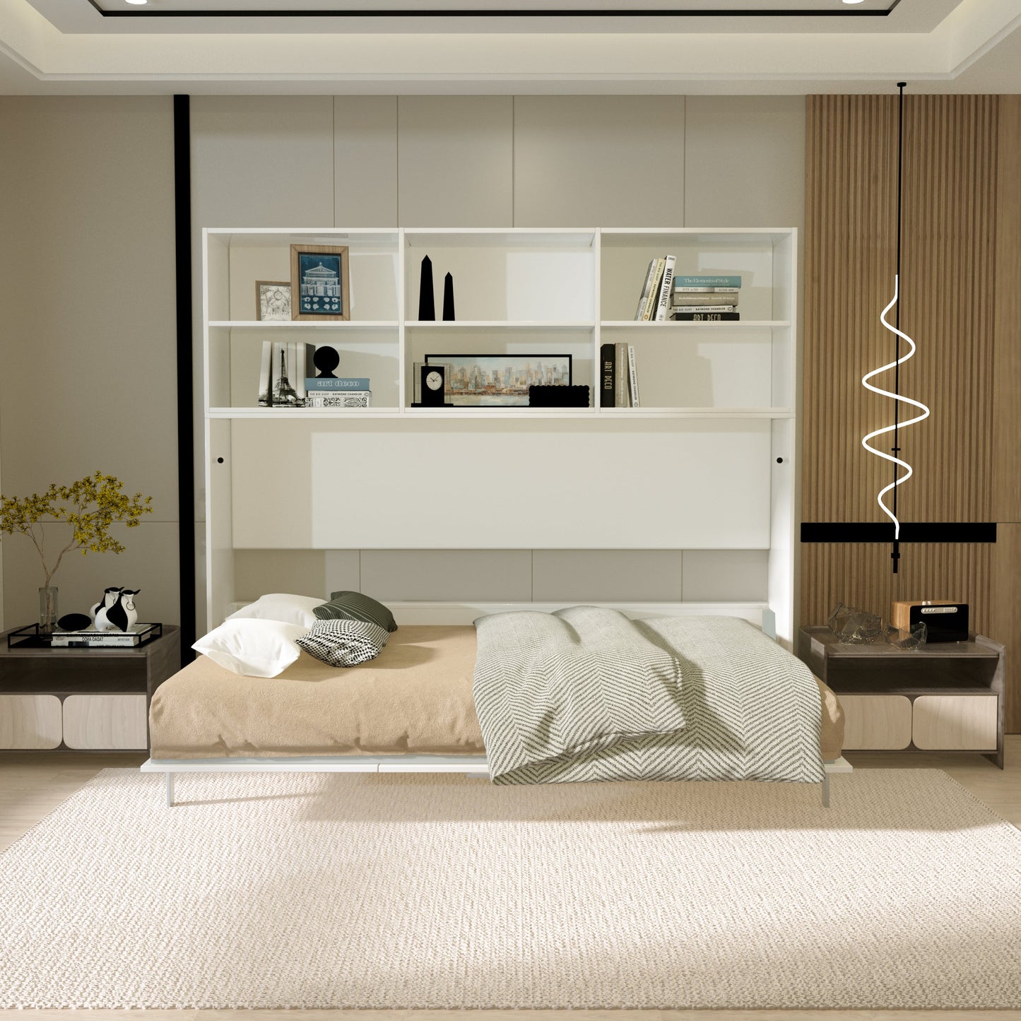 Twin size horizontal Murphy bed with white shelf storage and beige bedding on Tampa Home & Garden Store