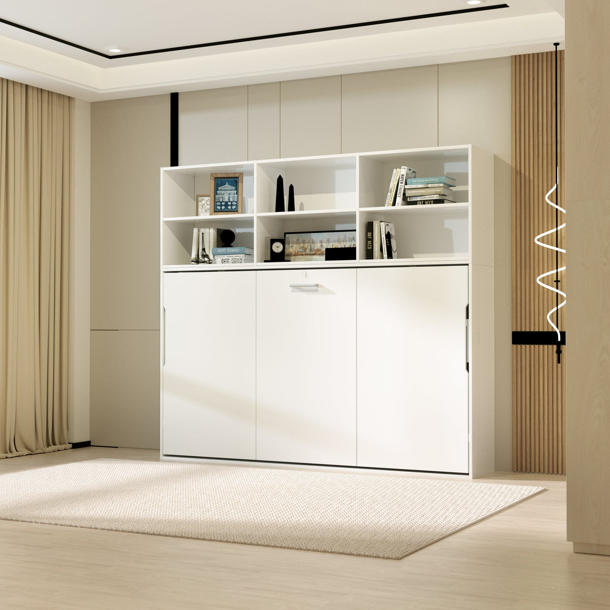 Twin size horizontal Murphy bed with shelf storage, white built-in shelves by HouseOfZazla on Tampa Home & Garden Store