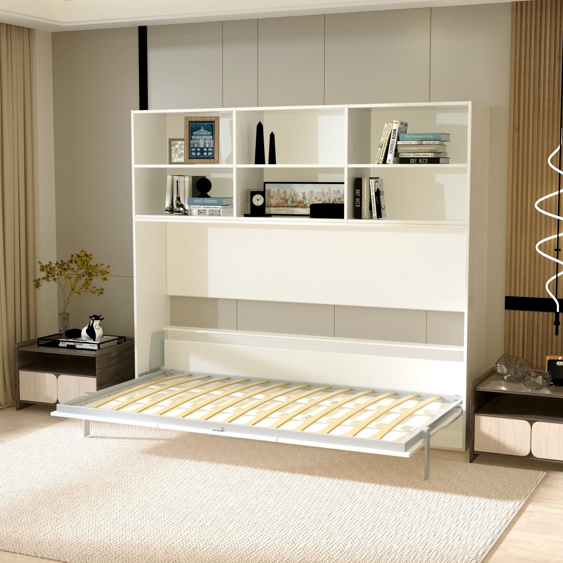 Twin size horizontal Murphy bed with shelf storage by HouseOfZazla, white finish on Tampa Home & Garden Store