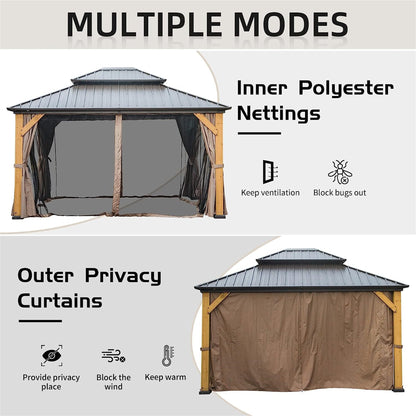 12'x14' hardtop gazebo with cedar wood frame, gray metal roof, brown privacy curtains on Tampa Home & Garden Store