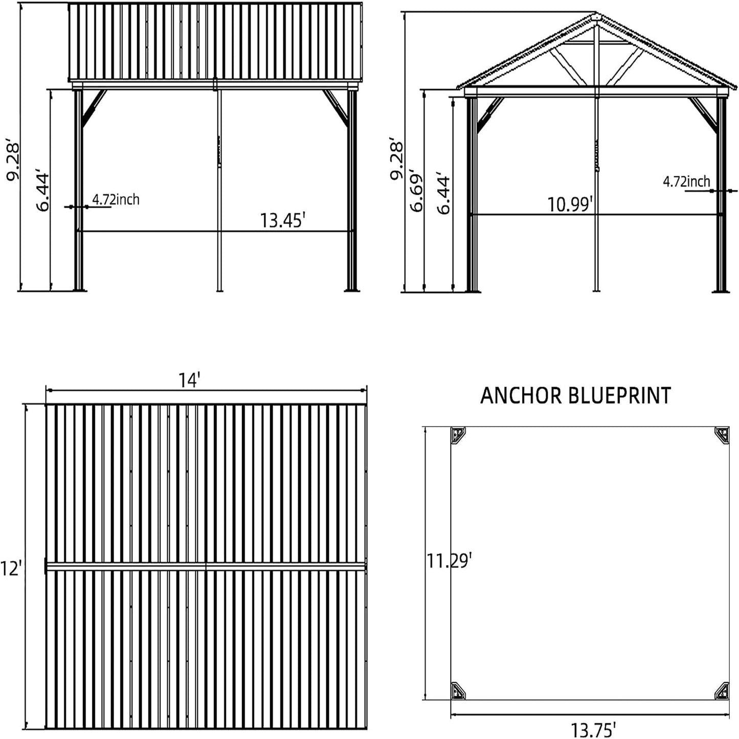 Hardtop aluminum gazebo blueprint 12x14 with anchor dimensions by HouseOfZazla on Tampa Home & Garden Store