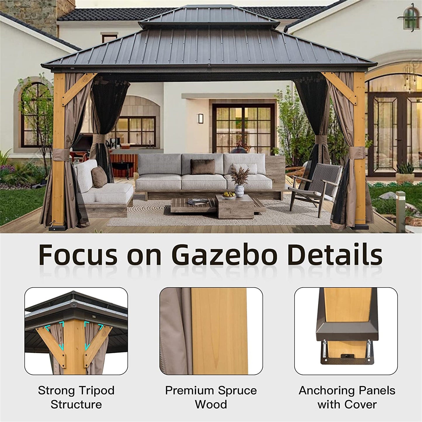12x14 Hardtop Gazebo with cedar wood frame canopy, charcoal metal roof, beige curtains on Tampa Home & Garden Store