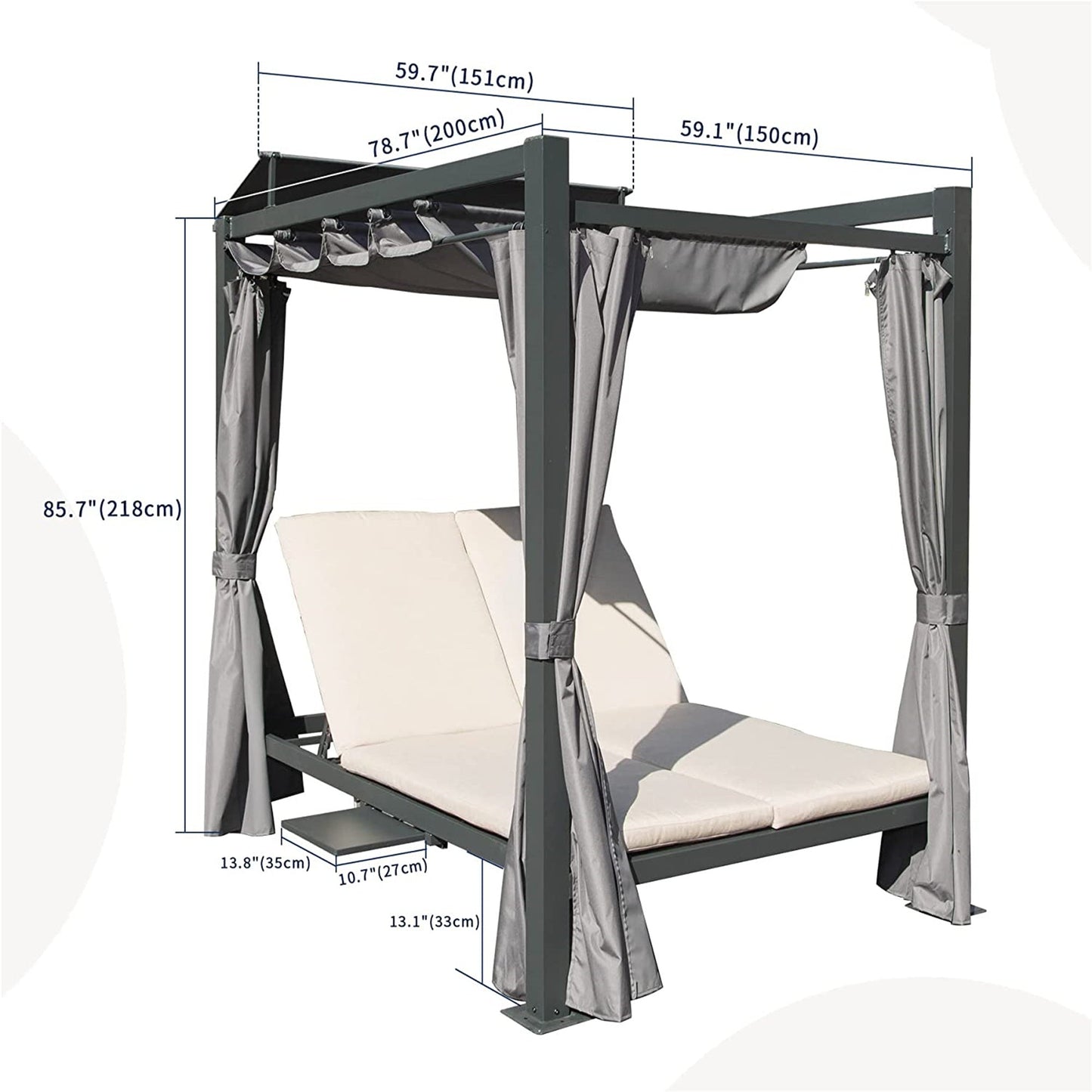 Aluminum outdoor patio daybed with retractable canopy, gray cushions on Tampa Home & Garden Store