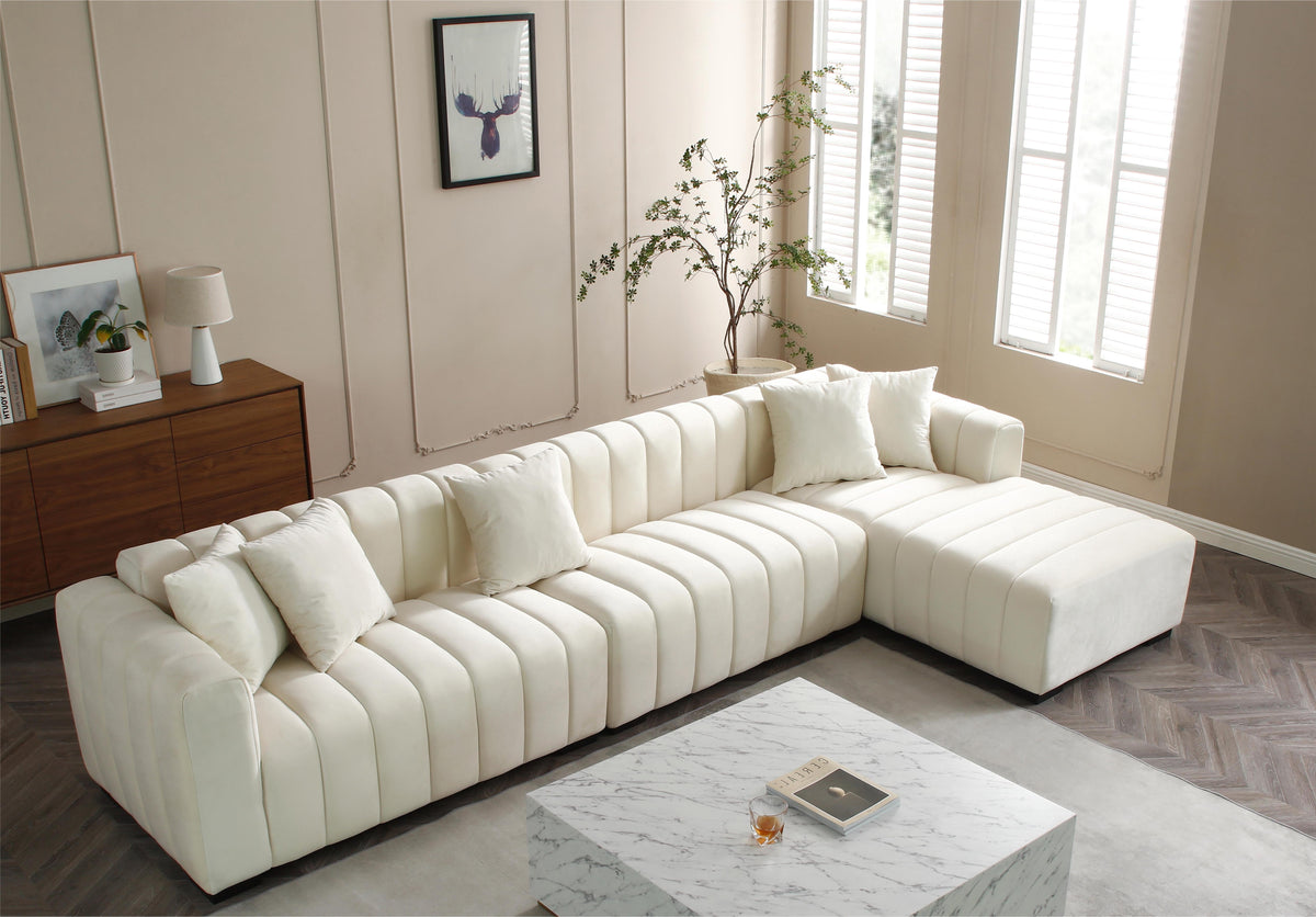 L-shape sectional sofa in ivory velvet with deep tufting and right chaise by HouseOfZazla on Tampa Home & Garden Store
