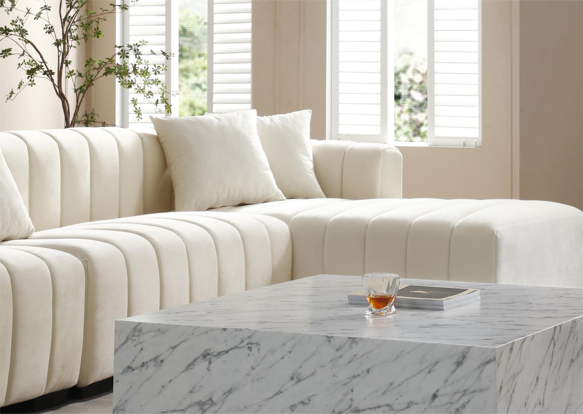L-shape sectional sofa in cream velvet with deep tufting and a right chaise, modular design on Tampa Home & Garden Store