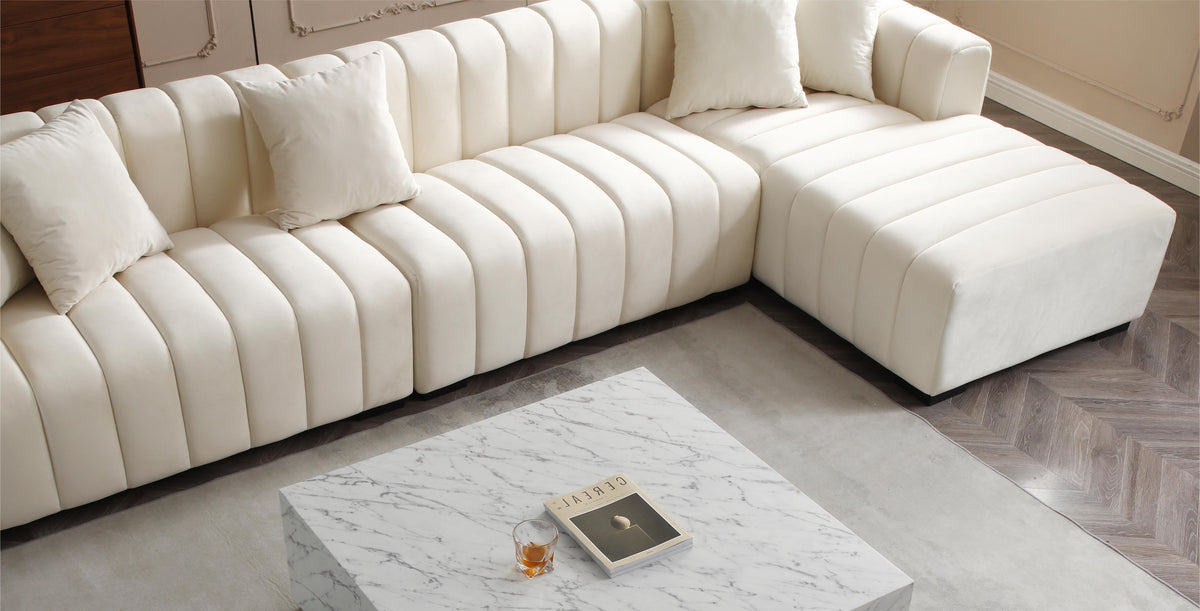 Velvet L-Shape sectional sofa with tufted cream upholstery and right chaise by HouseOfZazla on Tampa Home & Garden Store