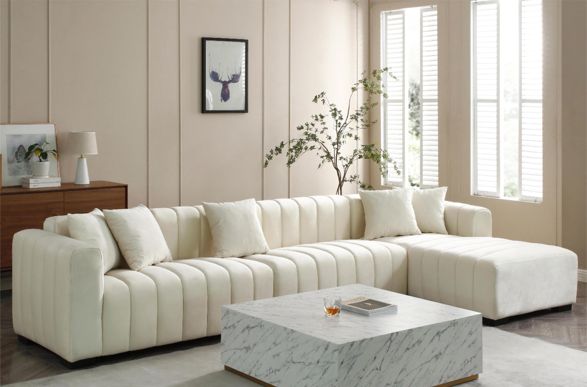 HouseOfZazla L-Shape Velvet Sectional Sofa with deep tufting and right chaise in ivory on Tampa Home & Garden Store