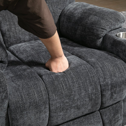 Large power lift recliner chair in textured gray fabric with a brown-sleeve arm on the armrest on Tampa Home & Garden Store