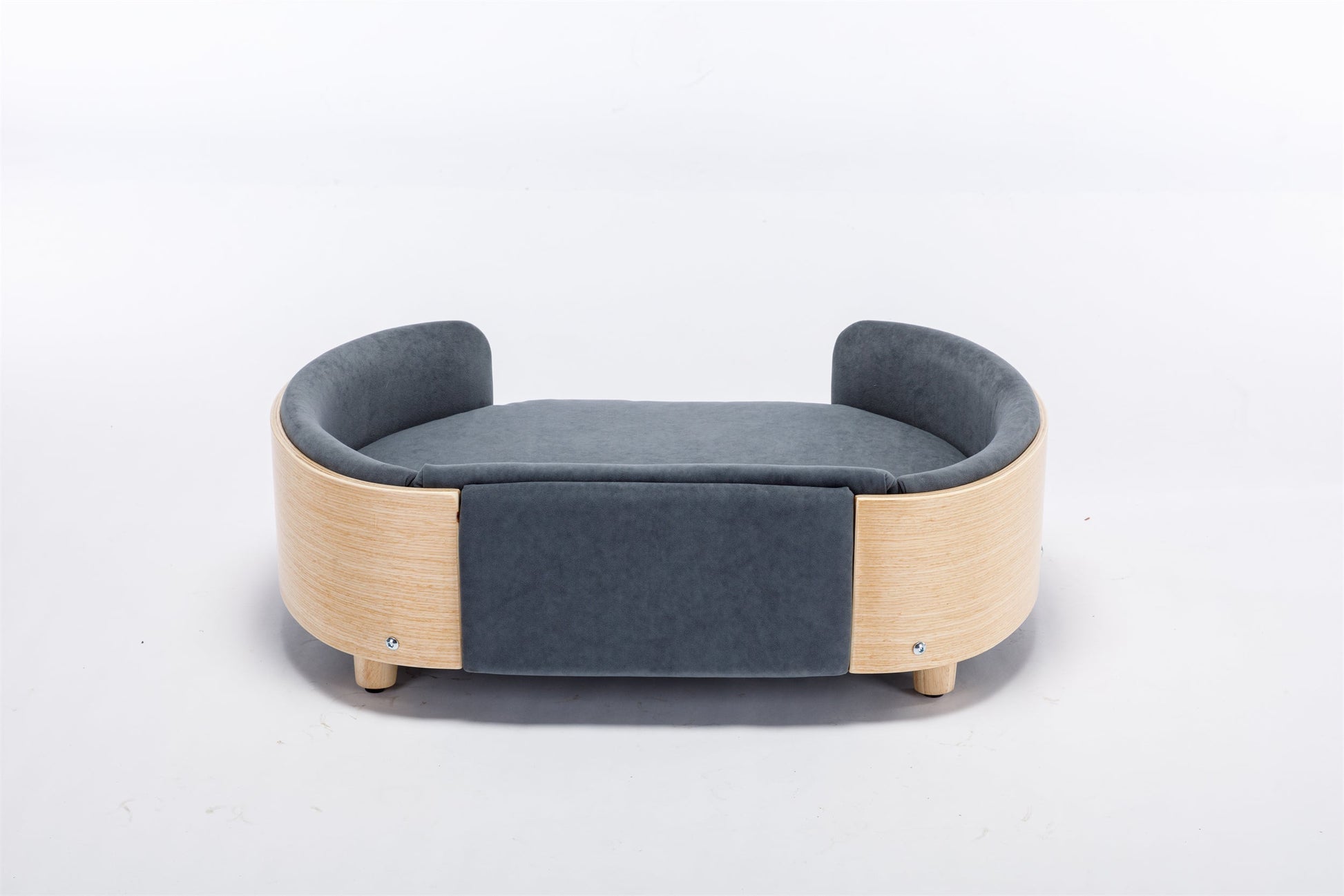 Scandinavian style elevated dog bed with dark blue velvet cushion and light wood frame on Tampa Home & Garden Store