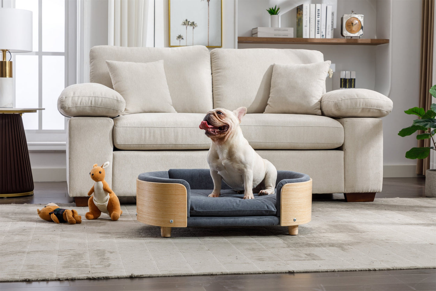 Scandinavian Style Elevated Dog Bed with Velvet Cushion gray, wood frame; HouseOfZazla bulldog on it in a living room on Tampa Home & Garden Store
