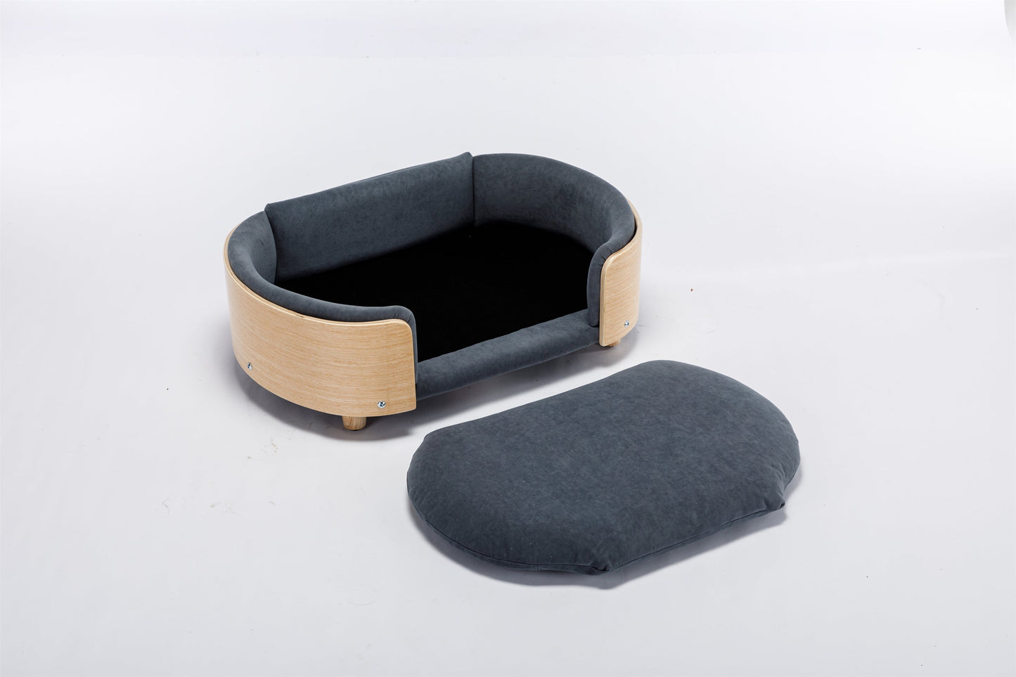HouseOfZazla Scandinavian Elevated Dog Bed with Velvet Cushion, dark gray velvet, wood frame on Tampa Home & Garden Store