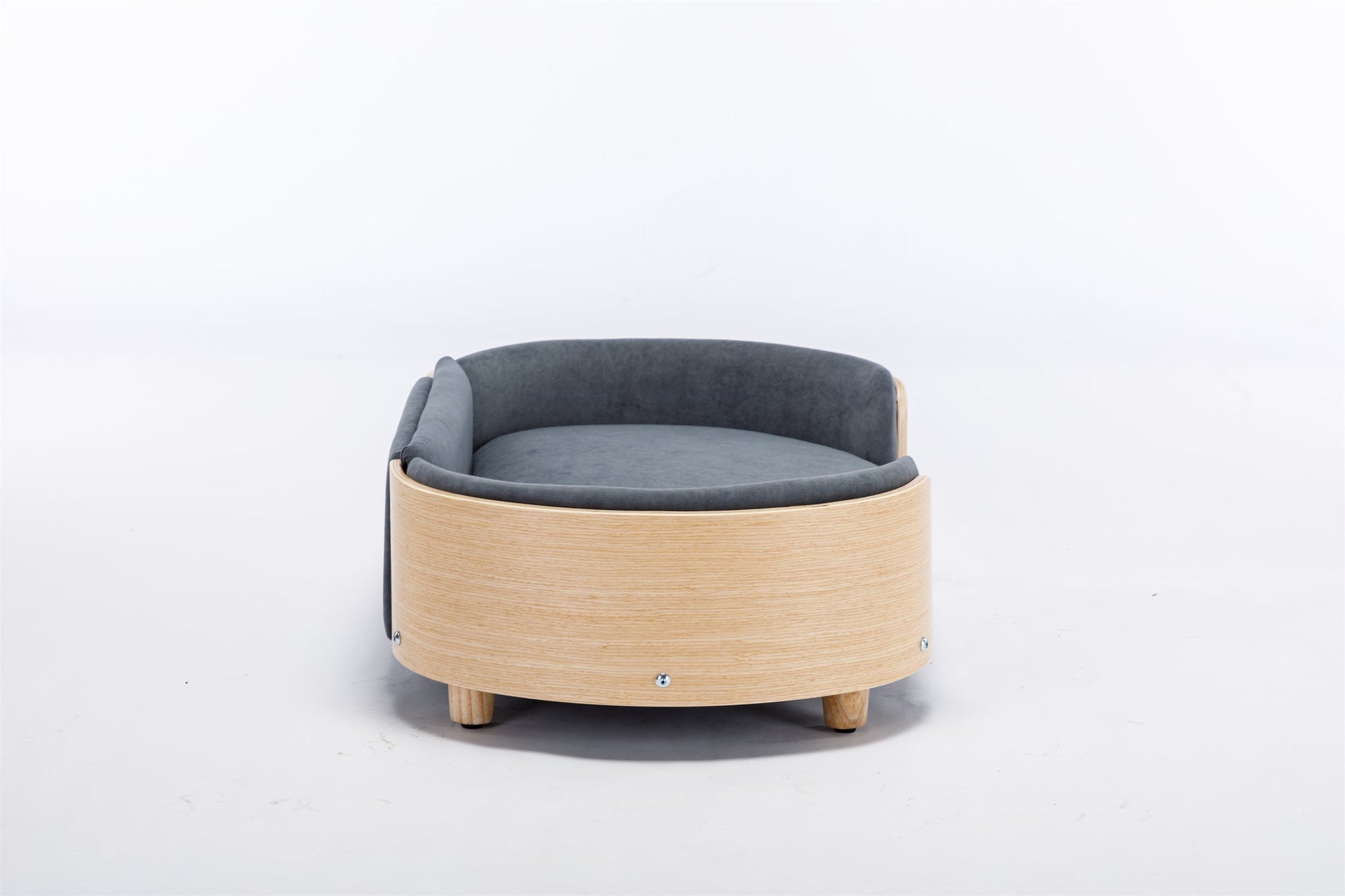 Scandinavian style elevated dog bed with grey velvet cushion and natural wood frame on Tampa Home & Garden Store