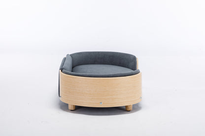 Scandinavian style elevated dog bed with grey velvet cushion and natural wood frame on Tampa Home & Garden Store