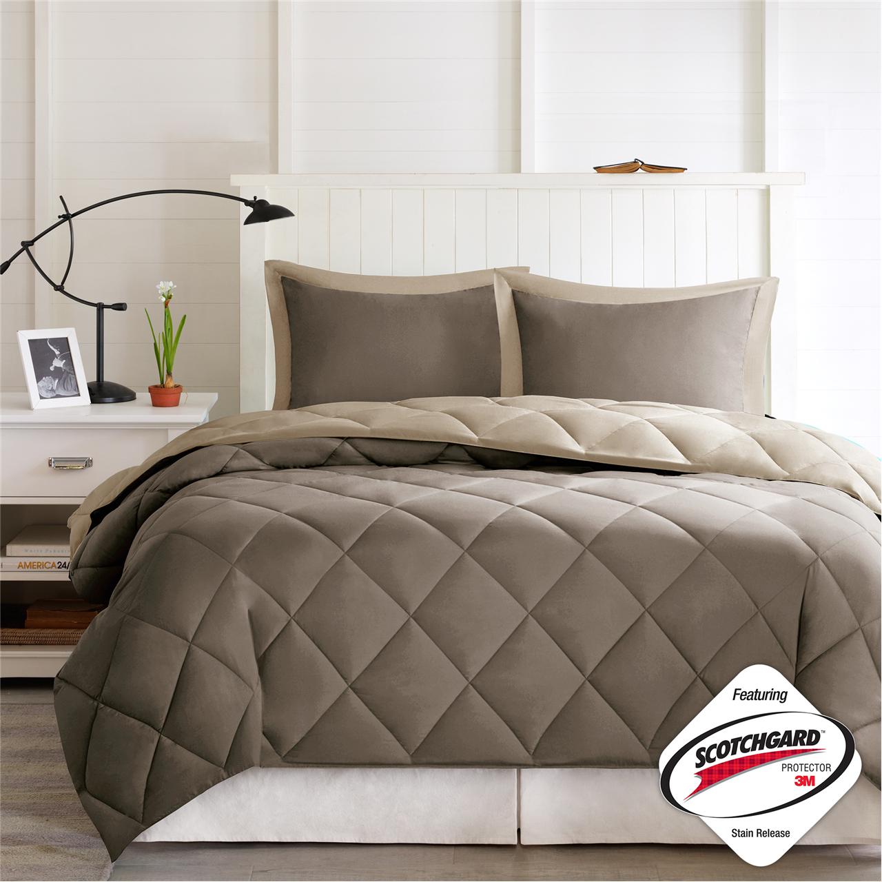 Full/Queen quilted down-alternative comforter set, reversible taupe with Scotchgard logo on Tampa Home & Garden Store